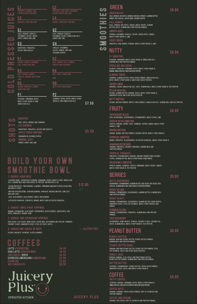Juicery Plus Menu - Plant based soul food in El Paso